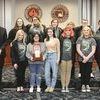 Tuesday, the Wise County School board honored the Eastside High School one-act team for bringing home its ninth state title. Beginning with the back row, left to right are Millie Bradley, Alyssa Hayes, Cadence Fuller, Emily Pilkenton, Kaleb Gibson, Superintendent Mike Goforth, Kyleigh Harmon, Madison Kiser, Cassidy Funk, Alana Smith, Kye Duncan and Director Shane Burke.  KENNETH CROWSON PHOTO